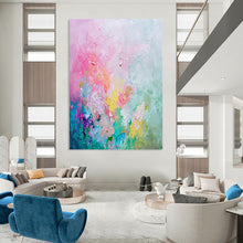 Load image into Gallery viewer, “Pastel Blossom” – Pink, Blue, Yellow &amp; Purple Abstract Acrylic with Textured Flowers DTP070
