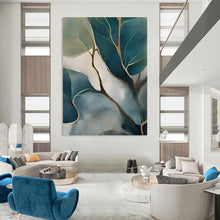 Load image into Gallery viewer, Nature - Inspired Abstract Painting, Teal &amp; Gold Foliage Art for Calming Bedroom &amp; Minimalist Living Room LargeART2253
