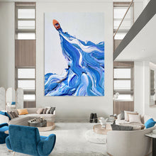 Load image into Gallery viewer, “Boat on Swirling Waves” – Small orange boat, dynamic blue and white swirling wave patterns. DTP321
