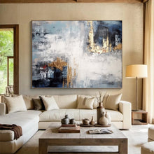 Load image into Gallery viewer, Large - Format Hand - painted Blue - Gray and Gold Abstract Fusion Acrylic Art for Luxe - Inspired Living Spaces LargeART0237
