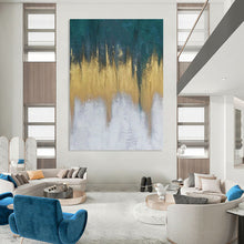 Load image into Gallery viewer, “Teal - Gold Dripping Horizons” - Teal, Gold, White Abstract Art on Canvas DKH1235
