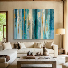 Load image into Gallery viewer, Hand - painted Blue and Gold Vertical Strokes Acrylic Art for Luxurious Hotel Lobbies LargeART1715
