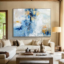 Load image into Gallery viewer, Blue, White, and Gold Abstract Acrylic Art - Suited for Modernist Penthouse &amp; Elegant Dining Room LargeART0643
