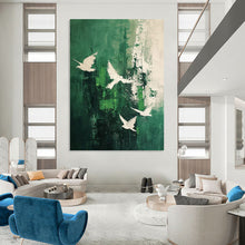 Load image into Gallery viewer, “Green and White Bird Abstract” - Green, White Abstract Art on Canvas DKH1311
