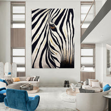 Load image into Gallery viewer, “Gilded Zebra Gaze” - Black, White &amp; Gold Animal Portrait on Canvas DKH1446
