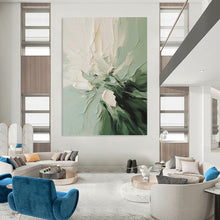 Load image into Gallery viewer, “Textured Green and White Flower” - Green, White Abstract Floral Art on Canvas DKH1185
