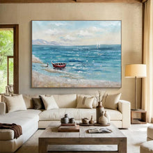 Load image into Gallery viewer, “Seaside Solitude with Red Boat” - Coastal Abstract Acrylic, Good for Beach House and Nautical - Themed Room DLZ224
