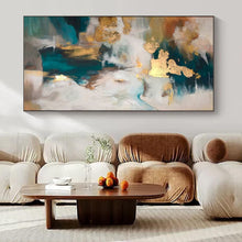 Load image into Gallery viewer, Teal, Gold &amp; White Abstract Acrylic Art with Gold Accents, Suited for Glamorous Bedroom &amp; Upscale Spa LargeART1002
