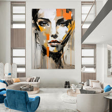 Load image into Gallery viewer, Abstract Expressionist Face Art, Gray - and - Orange Toned Painting for Edgy Bedroom &amp; Artistic Lounge LargeART2215
