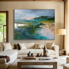 Load image into Gallery viewer, Green and Blue Abstract Landscape with Gold Lines for Luxury Living Room &amp; Sophisticated Hotel Lobby DKH127
