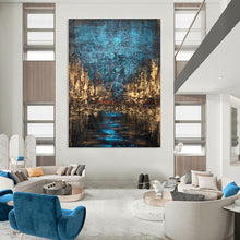 Load image into Gallery viewer, Blue &amp; Brown Textured Cityscape Abstract Art, Perfect for Industrial Living Room &amp; Urban Office LargeART2074

