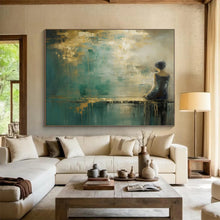 Load image into Gallery viewer, Woman by the Water in Teal and Gold Abstract acrylic painting DLZ087
