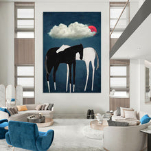 Load image into Gallery viewer, “Horses Under Red Moon” - Black, White, and Red Nature Art on Canvas DKH1418
