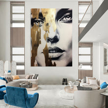 Load image into Gallery viewer, Black - and - White Abstract Portrait, Gold - Drip Accent Art for Luxury Bedroom &amp; Sophisticated Lounge LargeART2192
