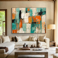 Load image into Gallery viewer, Hand - painted Teal, Orange, and White Textured Squares Acrylic Art for Artistic Studio Workspaces LargeART1721
