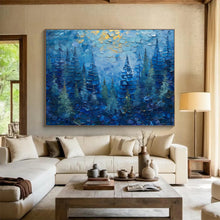 Load image into Gallery viewer, Blue Forest with Golden Highlights Abstract Painting on Canvas - “Mystic Pines” DKH672
