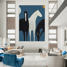 Load image into Gallery viewer, “Stylized Black &amp; White Horses” - Minimalist Equine Art on Canvas DKH1440
