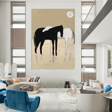 Load image into Gallery viewer, “Minimalist Horse Duo” - Black, White, and Beige Animal Art on Canvas DKH1410

