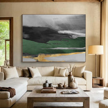 Load image into Gallery viewer, Gray - Green &amp; Gold Abstract Painting on Canvas - “Mystic Horizon” DKH606
