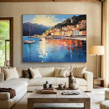 Load image into Gallery viewer, Coastal Town “Sunny Harbor” Painting on Canvas, Luminous Seaside Art DKH877
