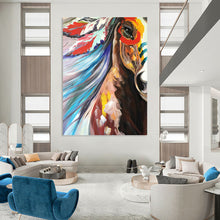 Load image into Gallery viewer, “Colorful Horse with Feather Headdress” - Vividly Painted Equine Art on Canvas DKH1426
