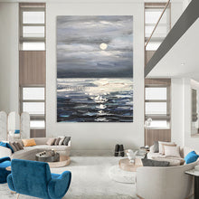 Load image into Gallery viewer, “Moonlit Sea Landscape” - Blue, Grey, White Landscape Art on Canvas DKH1293
