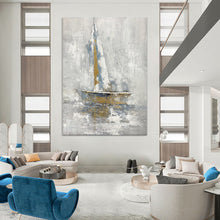 Load image into Gallery viewer, Gray, Blue &amp; Gold Abstract Sailboat Art, Perfect for Nautical - Themed Study &amp; Relaxing Sunroom LargeART1957
