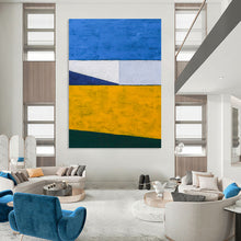 Load image into Gallery viewer, “Color - Blocked Serenity” - Blue, White, Yellow, Green Geometric Abstract Art on Canvas DKH1096

