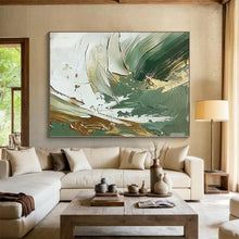 Load image into Gallery viewer, Hand - painted Extensive Green - Gold - White Abstract Textures Acrylic Art for Elegant Dining Rooms LargeART0088
