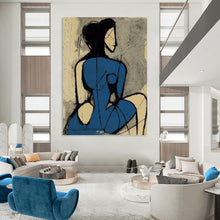 Load image into Gallery viewer, “Abstract Blue Figure” - Blue, Black, and Beige Figurative Art on Canvas DKH1417
