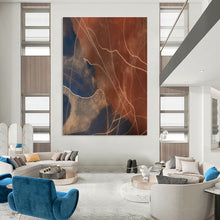 Load image into Gallery viewer, “Curved Lines on Blue and Brown” – Delicate Abstract with Curved White Lines DTP120
