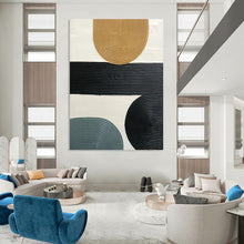 Load image into Gallery viewer, “Multicolor Ribbed Shapes Collage” - Black, Beige, Blue Abstract Art on Canvas DKH1177
