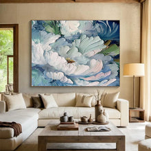 Load image into Gallery viewer, Blue and White Peony Textured Abstract Painting on Canvas - “Elegant Blooms” DKH675
