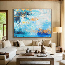 Load image into Gallery viewer, Hand - painted Oversized Blue with Gold Accents Abstract Acrylic Art for Elegant Home Offices LargeART0015
