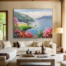 Load image into Gallery viewer, “Lakeside Village” - Colorful Abstract Acrylic of a Lakeside Scene, Suits Conservatory and Porch DLZ209

