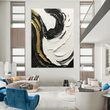 Load image into Gallery viewer, “Gilded Swirls” – Thick black, white, and gold impasto, dynamic curved strokes DTP381
