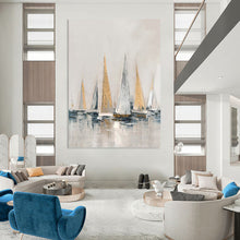 Load image into Gallery viewer, “Gilded Sailboats at Sea” - Grey, Gold, and Blue Nautical Art on Canvas DKH1416
