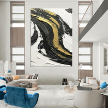 Load image into Gallery viewer, “Gold - Kissed Swirls” – Black, white, and gold impasto, flowing curves DTP379
