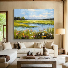Load image into Gallery viewer, Vivid Landscape Abstract Painting with Blue Sky, Green Fields and Flowers for Countryside - Style Living Room &amp; Relaxing Garden Café DKH271
