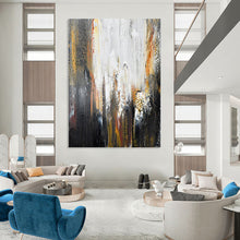 Load image into Gallery viewer, “Urban Chaos in Black, White, and Gold” - Black, White, Gold, Orange Abstract Art on Canvas DKH1229
