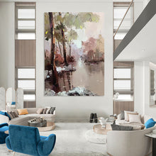 Load image into Gallery viewer, “Pastel Riverbank Forest Scene” - Pastel Multicolor Landscape Art on Canvas DKH1296
