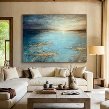 Load image into Gallery viewer, Blue and Gold Seascape Painting on Canvas - “Tranquil Horizons” DKH771
