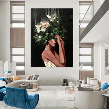 Load image into Gallery viewer, “Floral - Headed Woman in Darkness” – Woman with green foliage and white flowers obscuring her head, dark background. DTP323
