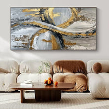 Load image into Gallery viewer, Gray, Gold &amp; Black Abstract Loops Canvas Painting, Great for Industrial - Glam Bedroom &amp; High - End Bar Lounge LargeART1251
