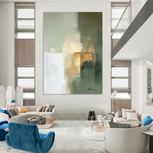 Load image into Gallery viewer, Green &amp; Gold Abstract Geometric Painting, Ideal for Minimalist Bedroom &amp; Chic Office LargeART2081
