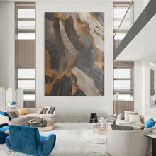Load image into Gallery viewer, “Black, Gray, and Gold Textured Abstract” – Tactile Abstract with Metallic Accents DTP137
