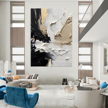 Load image into Gallery viewer, “Textured Monochrome” ，Black, white, beige, and gold with thick, textured brushstrokes. DTP301
