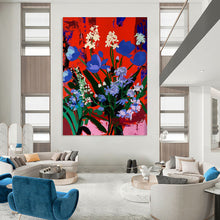 Load image into Gallery viewer, “Blue Blooms on Red” – Bold Floral Painting with Vibrant Color Contrast DTP101
