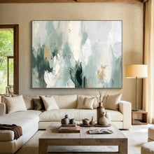 Load image into Gallery viewer, Hand - painted Soft Green - and - White Abstract Acrylic Art for Serene Yoga Studio Backdrops LargeART1693
