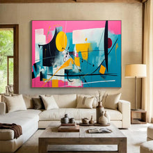 Load image into Gallery viewer, Hand - painted Pink Background Abstract Shapes Acrylic Art for Vibrant Café Interiors LargeART1718
